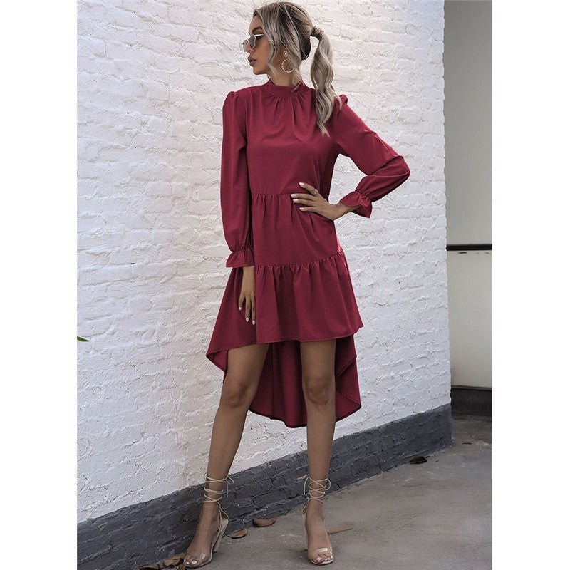 Solid Color Long Sleeve Irregular Half Turtleneck Dress