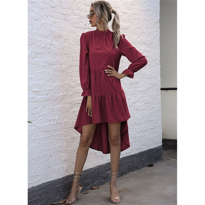 Solid Color Long Sleeve Irregular Half Turtleneck Dress