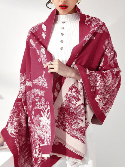 Contrast Color Floral Tasseled Shawl&Scarf