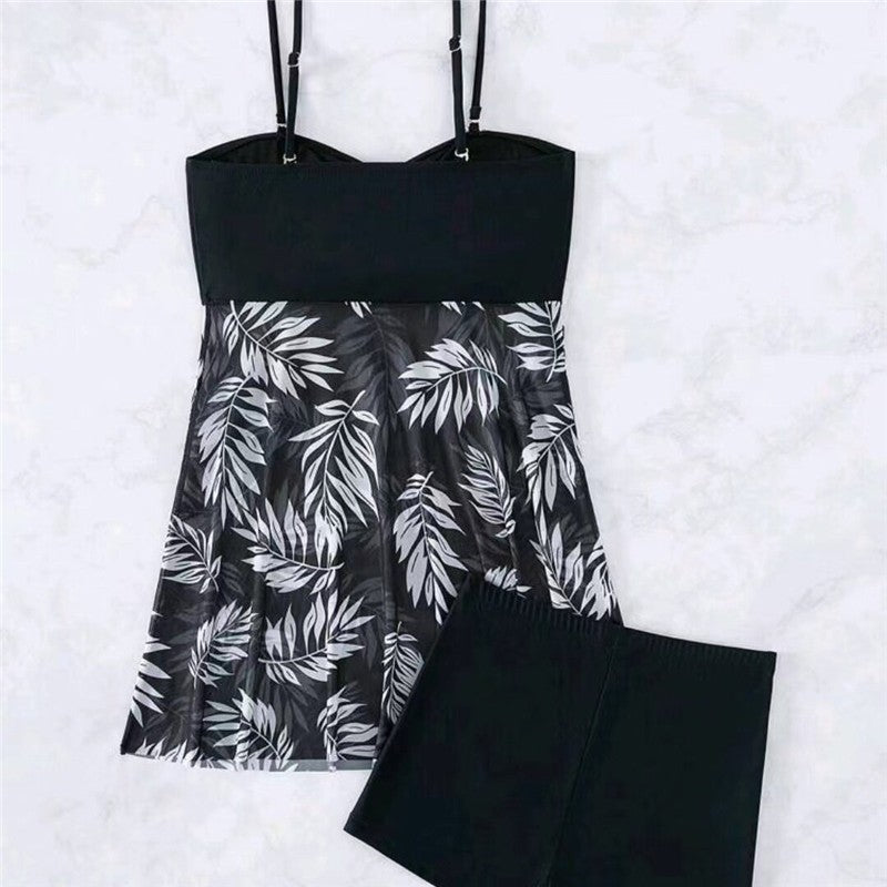 Split Skirt Conservative Mesh Sheer Flesh Printed Swimsuit