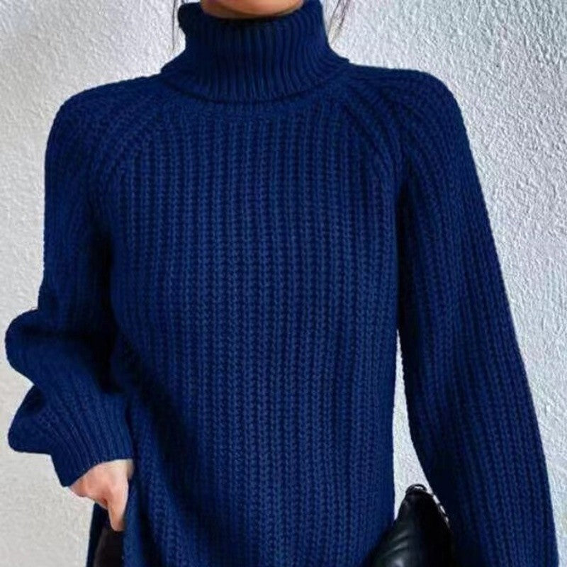 High Collar Raglan Sleeve Sweater Mid-Length Slit Hem Sweater