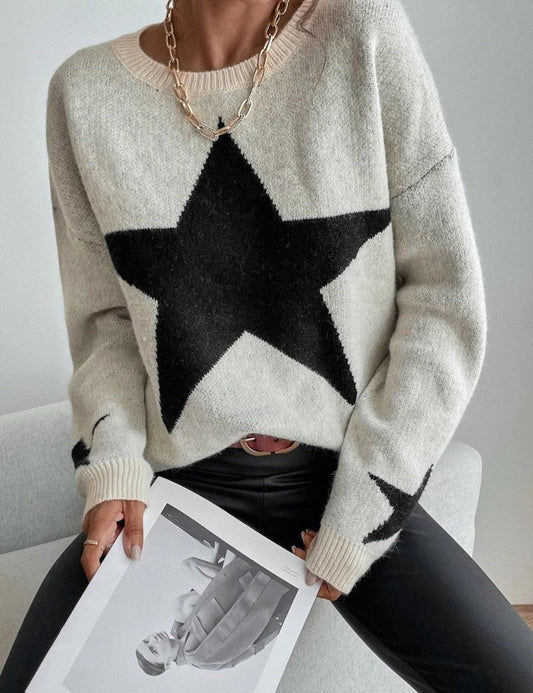 Round Neck Star Jacquard Pullover Sweater
