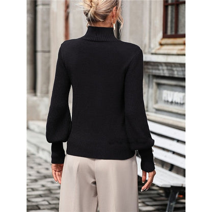 Solid Color Long Sleeve High Neck Casual Loose Pullover Knitted Sweater