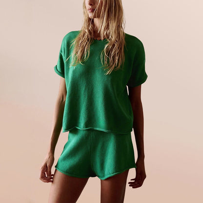 Casual Solid Color Top Short Knit Set