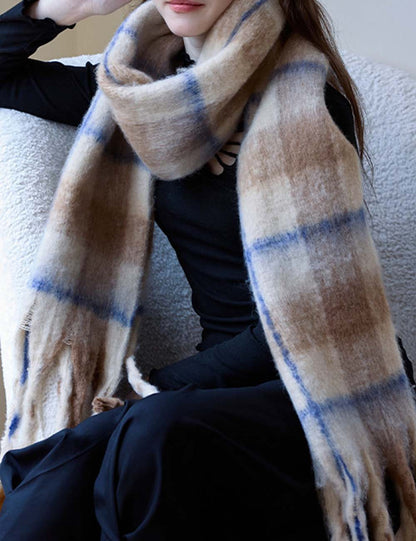 Minimalist Color Block Plaid Tassel Thick Scarf