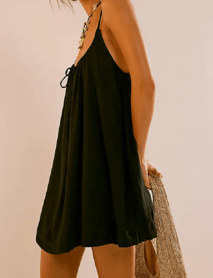 Solid Color String Shoulder Mini Dress