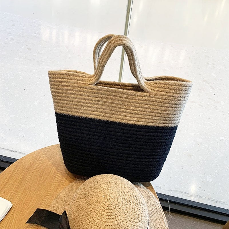 Color Block Straw Woven Handbag