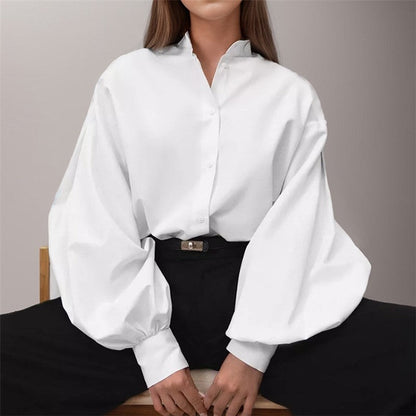 Solid Color Lapel Single Breasted Lantern Sleeves Blouse