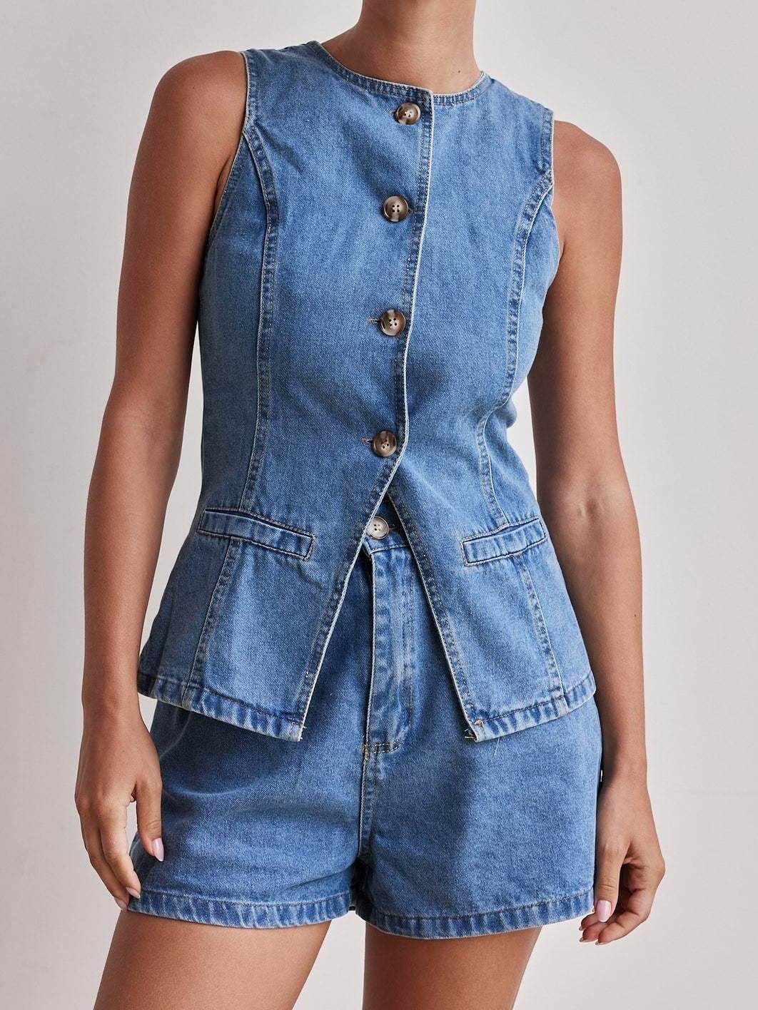 Sleeveless Button Vest Short Denim Set