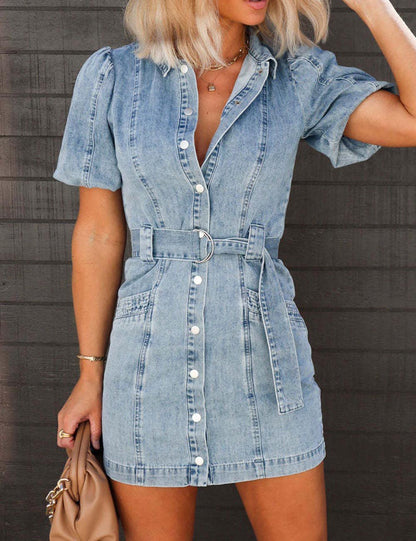 Lapel Buttons Puff Sleeves Denim Mini Dress