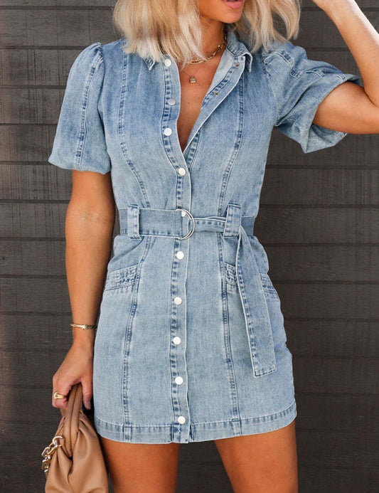 Lapel Buttons Puff Sleeves Denim Mini Dress