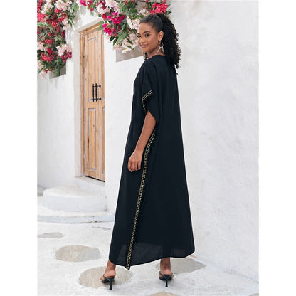 Half-Sleeve V-Neck Embroidered Beach Cover-Up