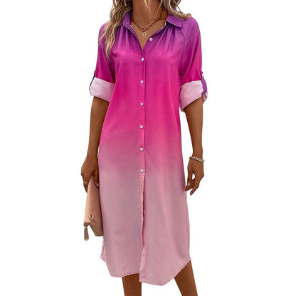 Loose Lapel Cardigan Buttoned Ombre Dress