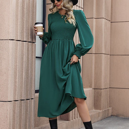 Solid Color Lantern Sleeve Waist Long Dress