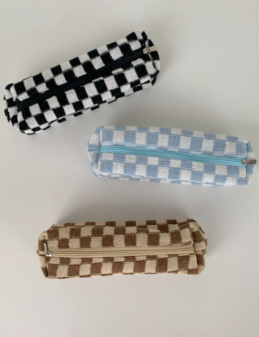 Simple Plaid Color Block Knit Make Up Bag
