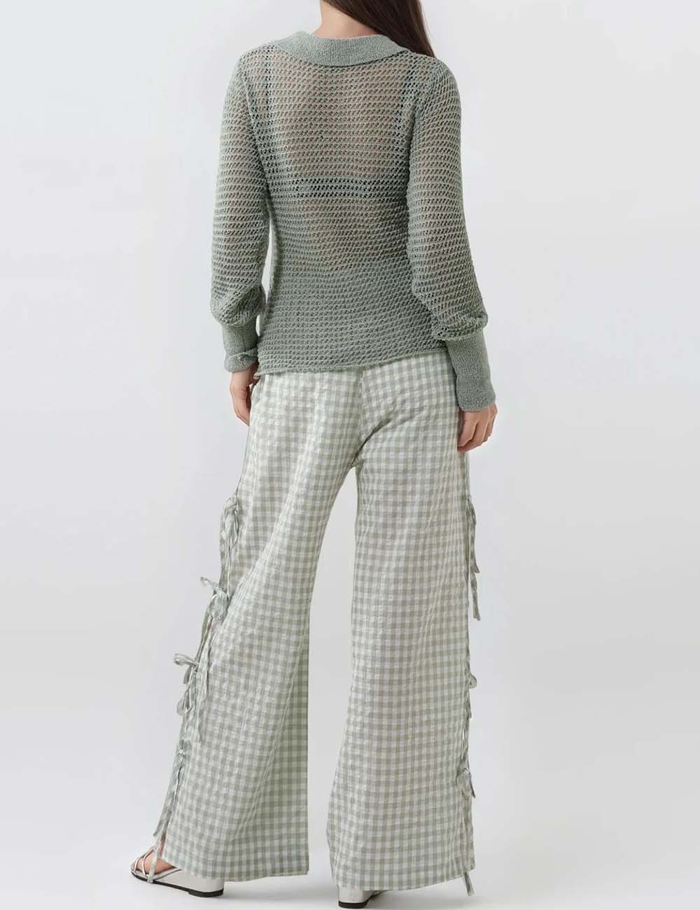 Bow Side Split Plaid Casual Pants