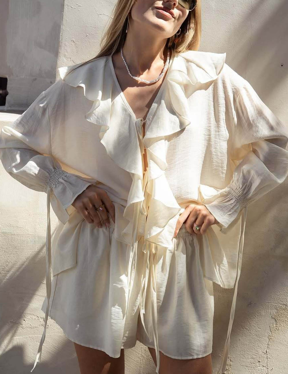 Loose Flounce String Shirt Short Set