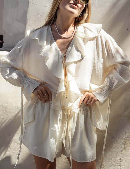 Loose Flounce String Shirt Short Set