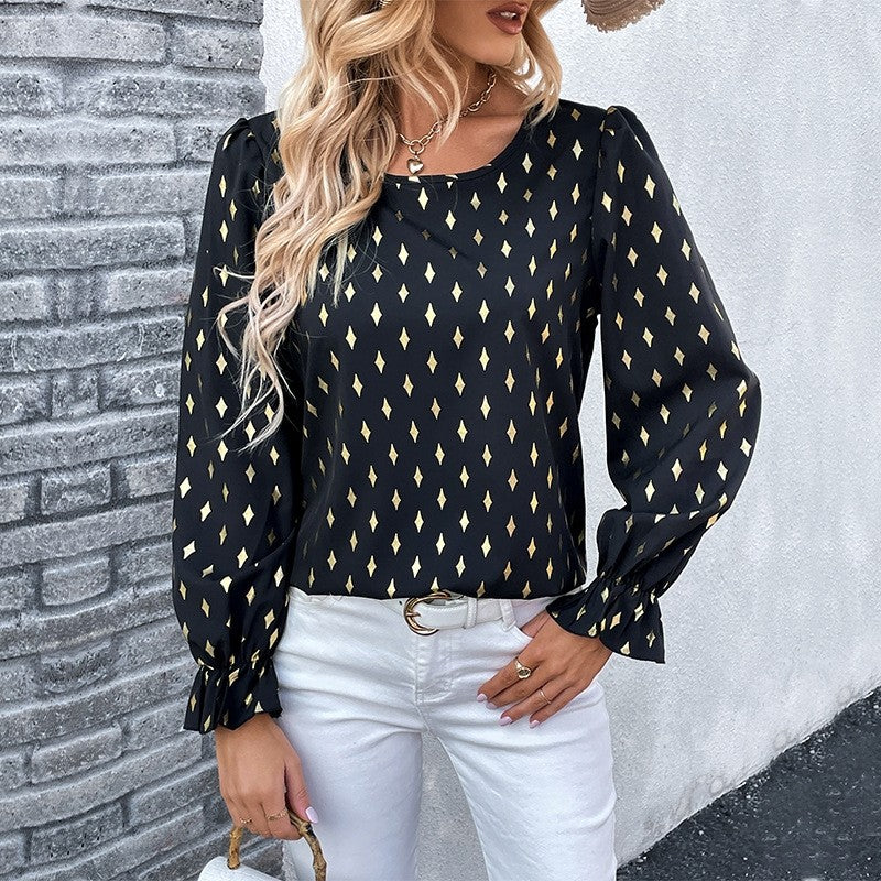 Long Sleeves Crewneck Printing Elegant Blouse Top