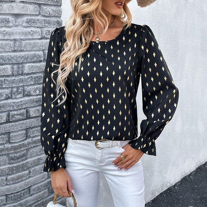 Long Sleeves Crewneck Printing Elegant Blouse Top