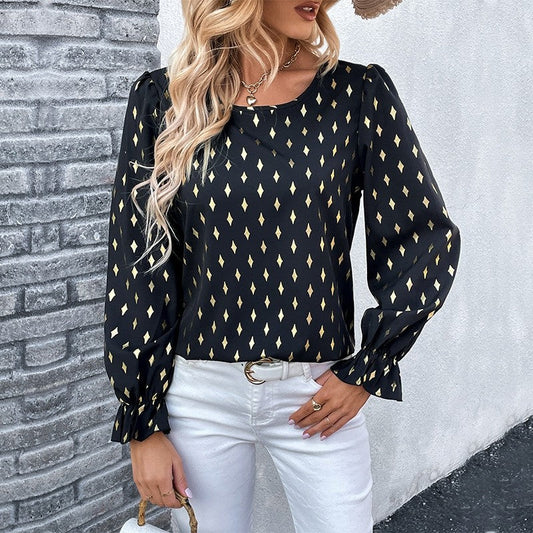 Long Sleeves Crewneck Printing Elegant Blouse Top
