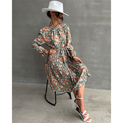 Printed Belted Half Turtleneck Dress With Petal Sleeves