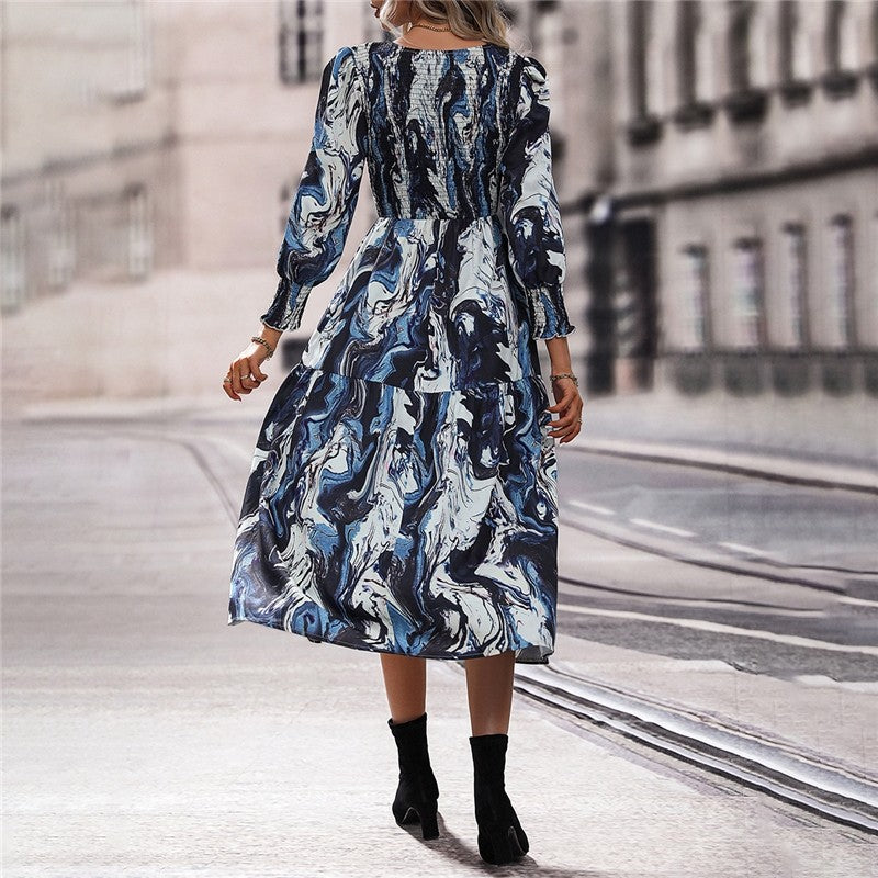 Long Sleeves Crewneck Printing A-Line Casual Dress