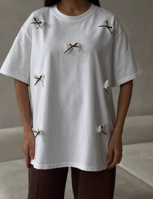 Simple Bow Round Neck Short Sleeves Top