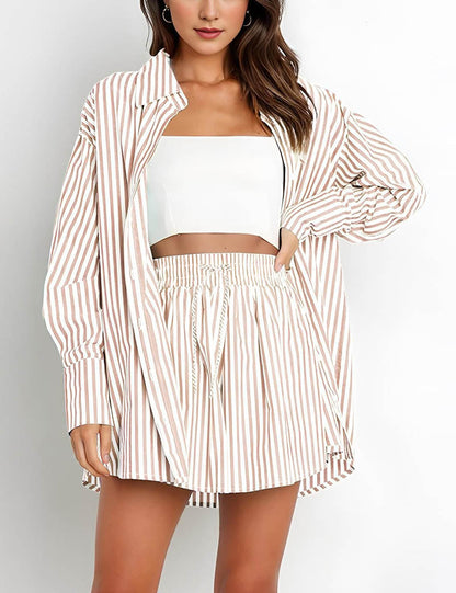 Stripe Color Block Split Shirt Short Set