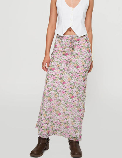 Elegant Floral Print Tie Front Maxi Skirt