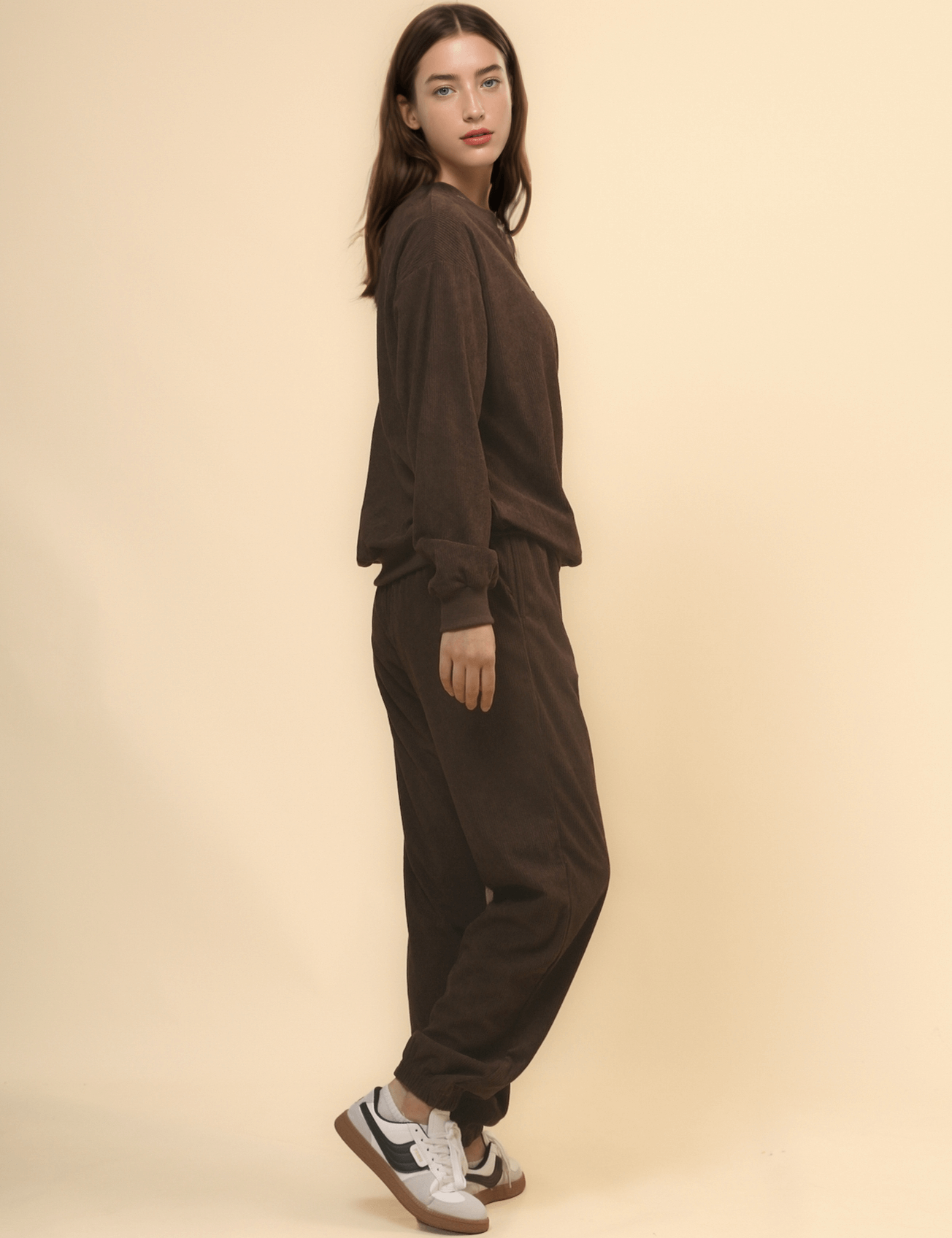 Solid Color Corduroy Casual Pullover Set
