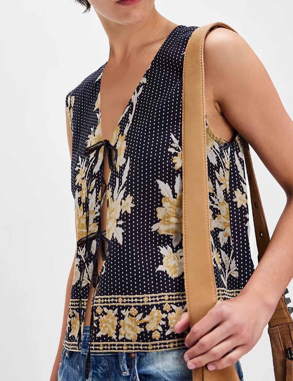 Vintage Flower Print Tie Front Sleeveless Top