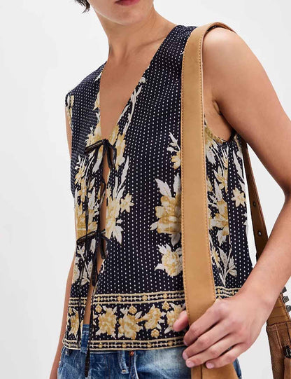 Vintage Flower Print Tie Front Sleeveless Top