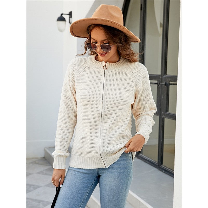 Women's Solid Color Zip Up Knit Cardigan Sweater
