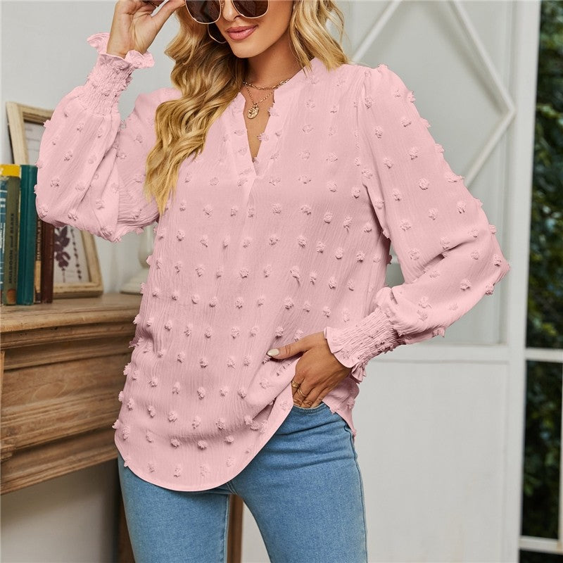 Solid Color V-Neck Long Sleeves Dots Blouse Top