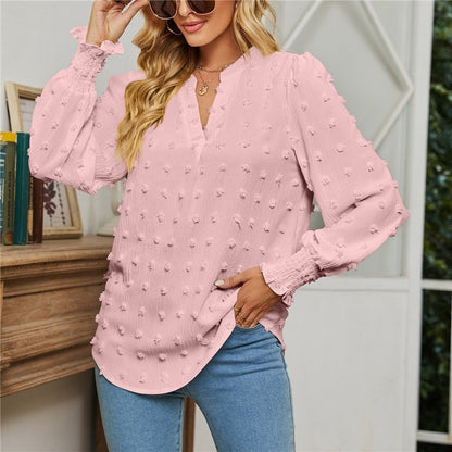 Solid Color V-Neck Long Sleeves Dots Blouse Top