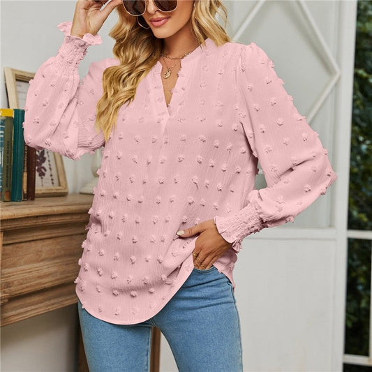 Solid Color V-Neck Long Sleeves Dots Blouse Top