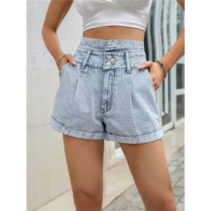 Loose, Versatile And Slimming High-Waisted Double-Button Rolled Hem Denim Shorts