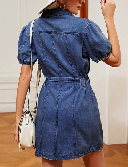 Washed Button Belt Denim Midi Dress