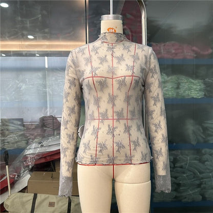 Sheer Lace Mesh Printed Top
