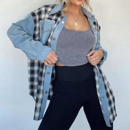 Loose Splice Plaid Long Sleeve Denim Top