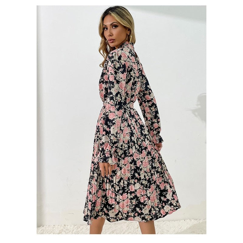 Printed Belted Half Turtleneck Dress With Petal Sleeves