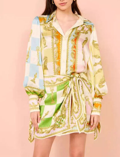 Colorful Print Lantern Sleeves Casual Mini Dress