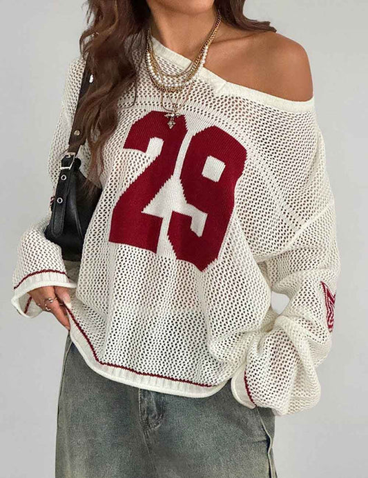 Trendy Number Crochet Hollow Out Knit Sweater