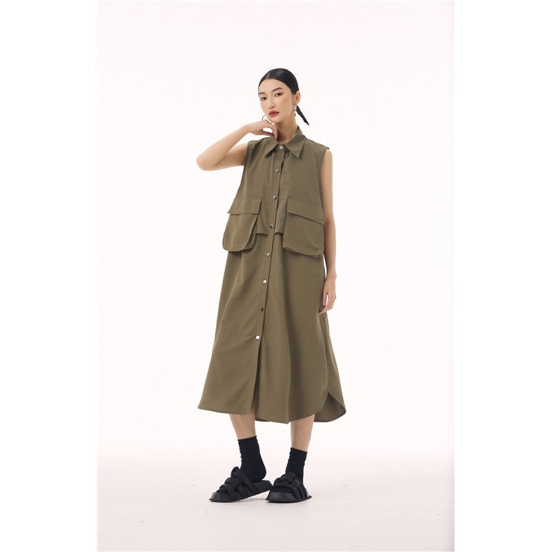 Polo Collar Vest Dress With Large Pocket