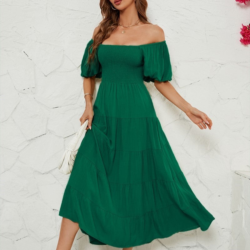 Solid-Waist Wrap Up Dress With High Bubble Sleeves