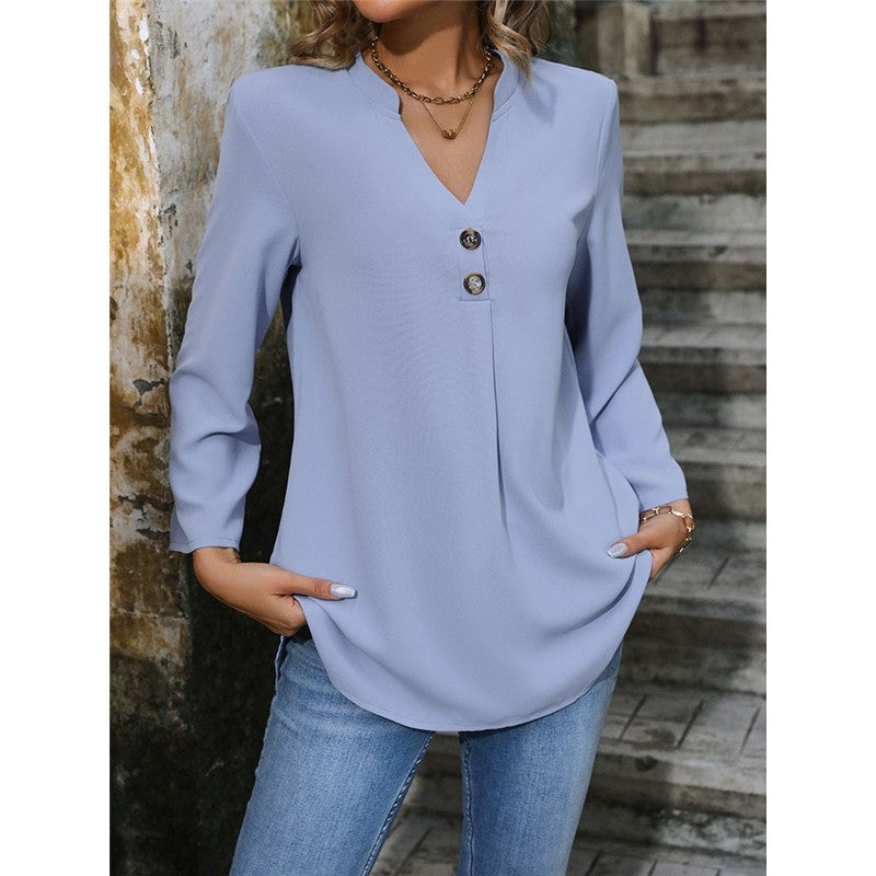 Solid Color Long-Sleeved Commuter V-Neck Button-Down Pullover Shirt