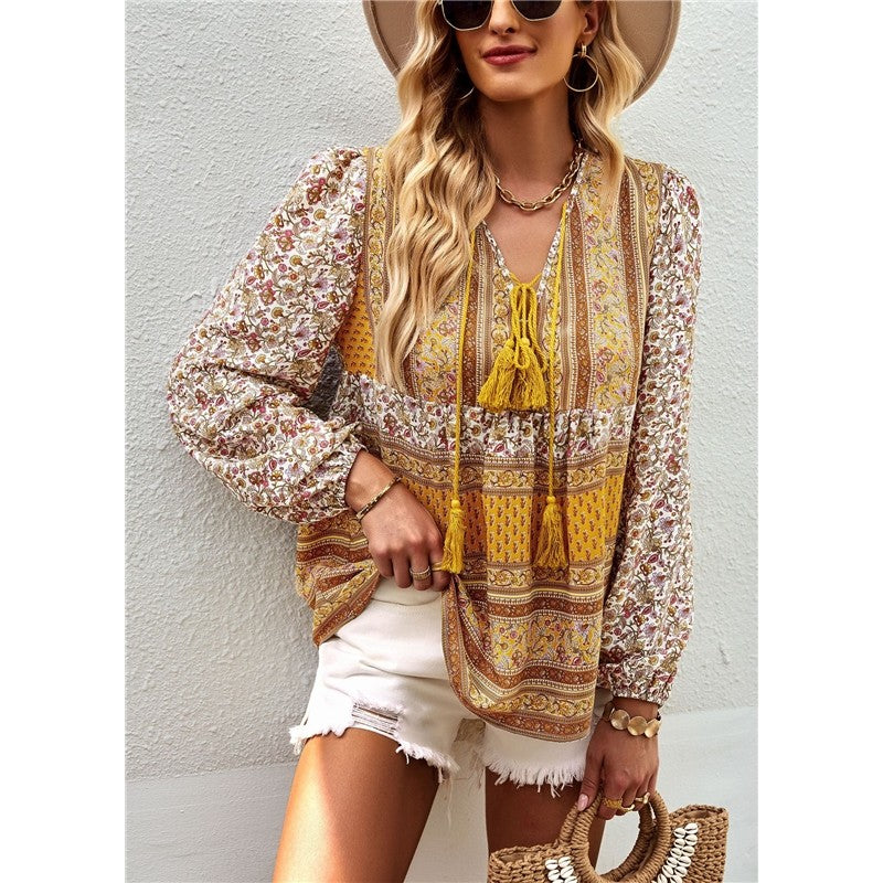 Long Sleeves V-Neck Printing Boho Blouse Top