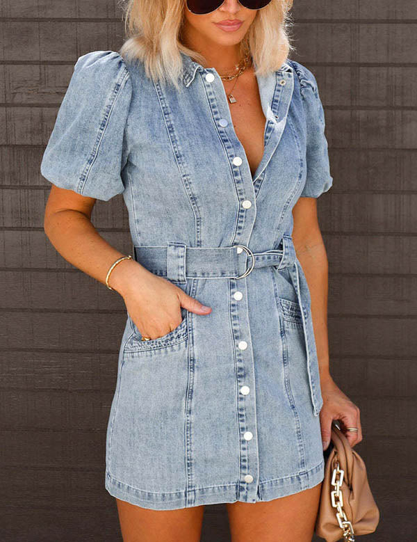 Lapel Buttons Puff Sleeves Denim Mini Dress