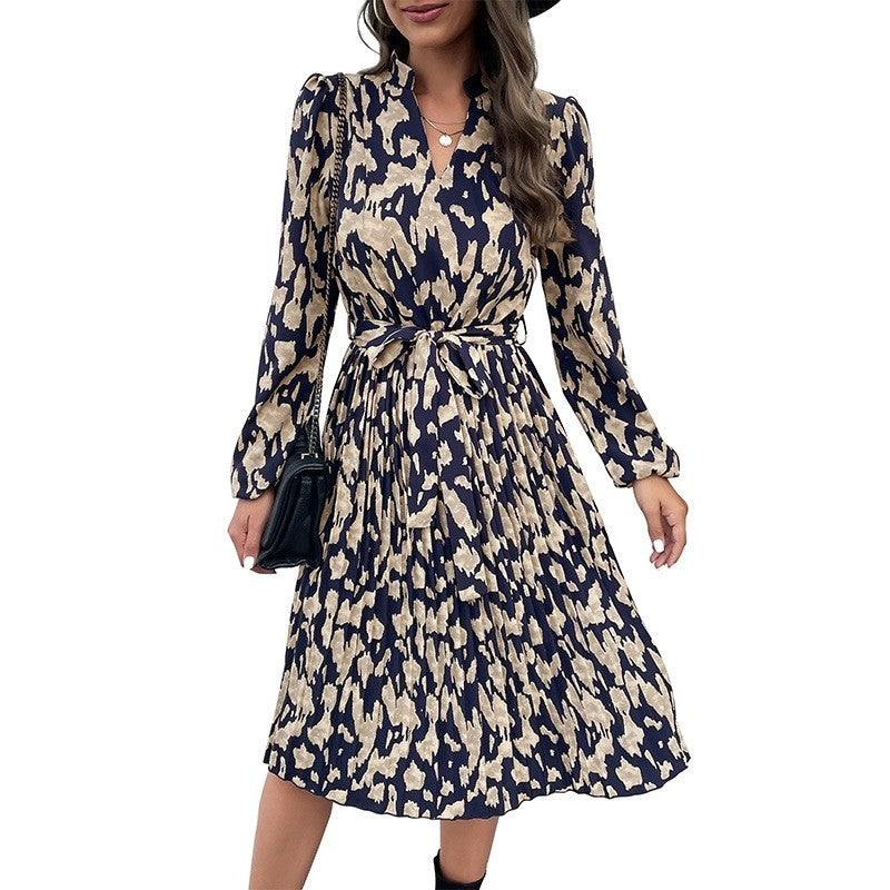 Pleated Printed Belted V-Neck Long-Sleeved Dress